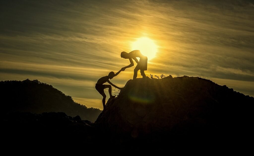 friends climbing a hill